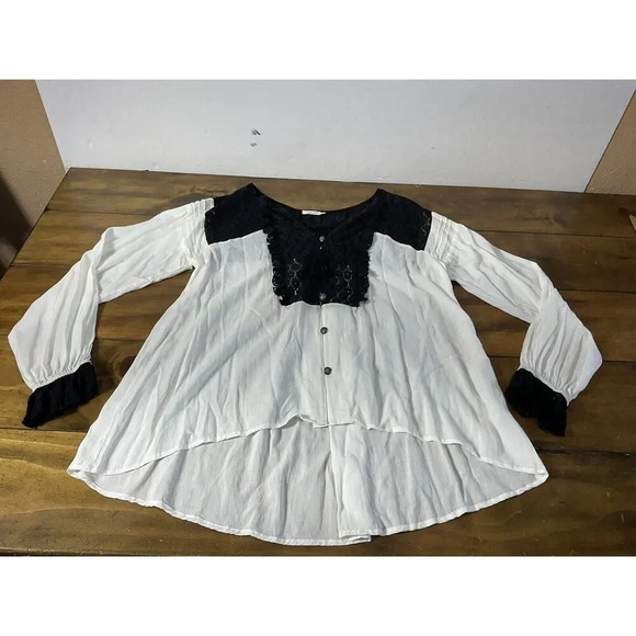 Tasha Polizzi Lace Trimmed V-Neck Loose Fit Sheer White Black Blouse - Picture 1 of 16